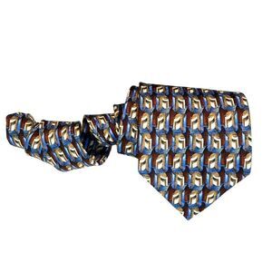 ERMENEGILDO ZEGNA Men's 100% Silk Necktie Luxury Geometric Italy Blue Brown